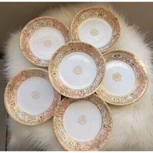 Antique Hand Painted Nippon Set Of 6 Dessert bowls floral Gold/white Beaded